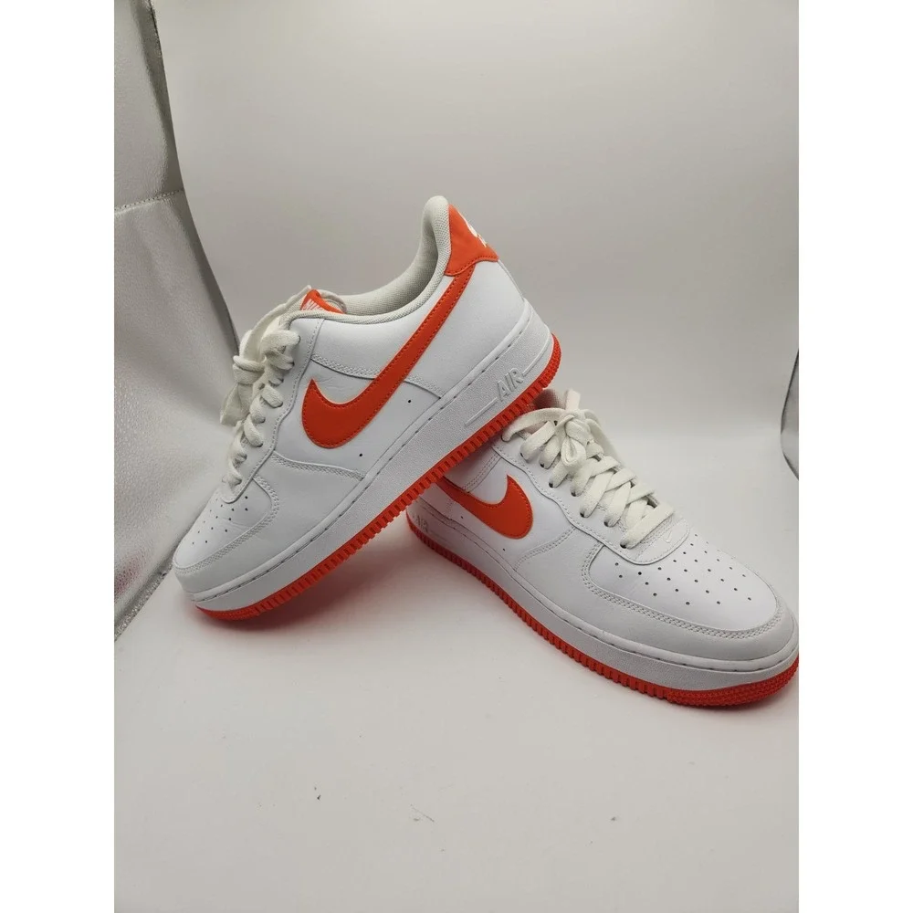 Nike Air Force 1 Low Top Men's Sneaker White/Orange Leather Lace-Up Rubber 9 1/2